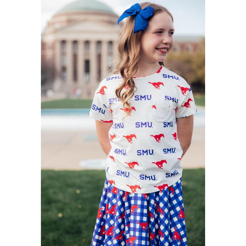 SMU White Mustang Ruffle Pocket Tee