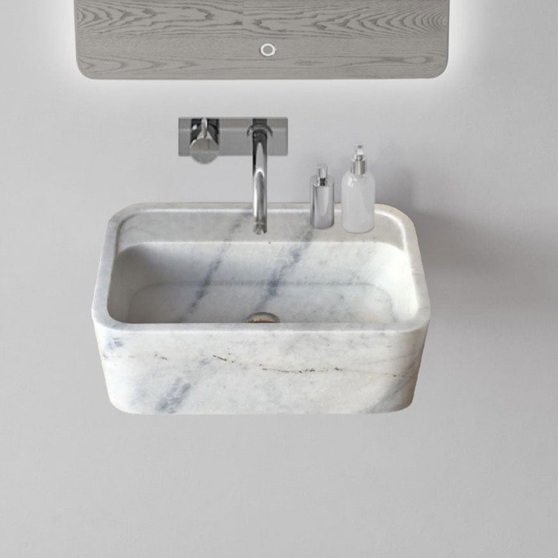 Carrara White Marble Rectangular Wall-mount Bathroom Sink (W)16 (L)24 (H)12