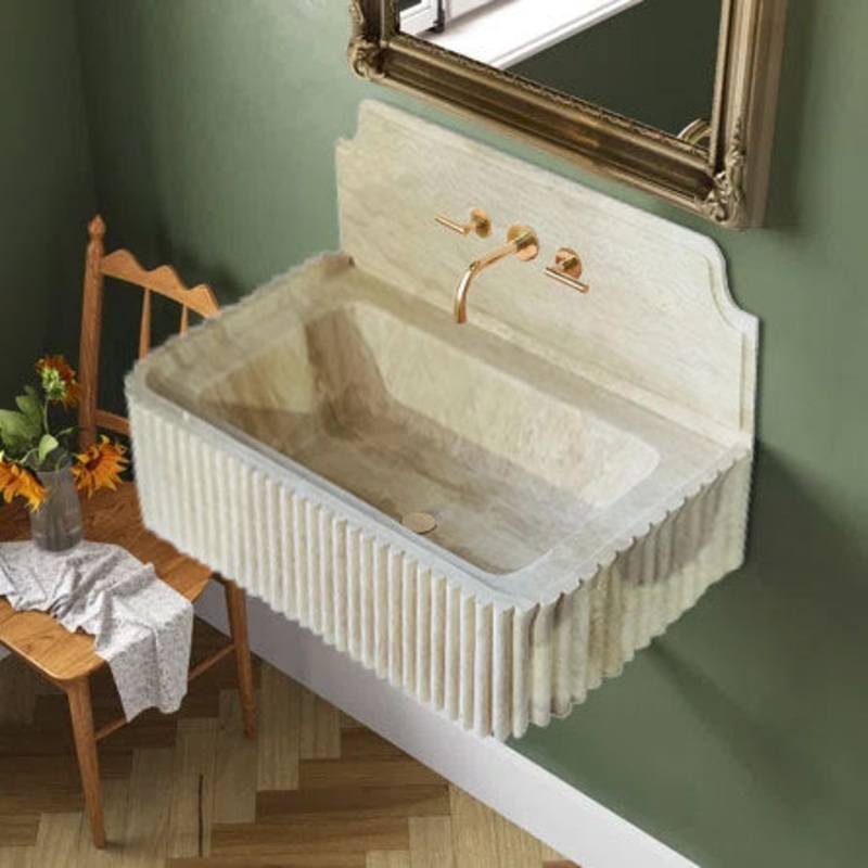 Oasis Beige Travertine Wall-mount Bathroom Vanity Sink Fluted (W)16 (L)36 (H)6