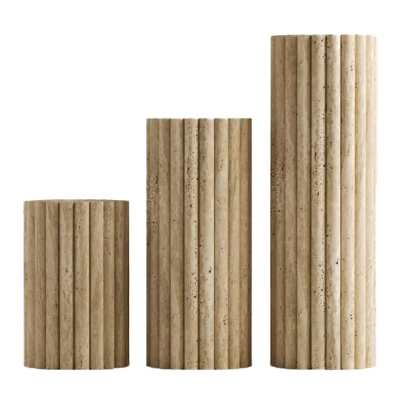 Troia Light Travertine Plinth Side Table Fluted Unfilled, Honed