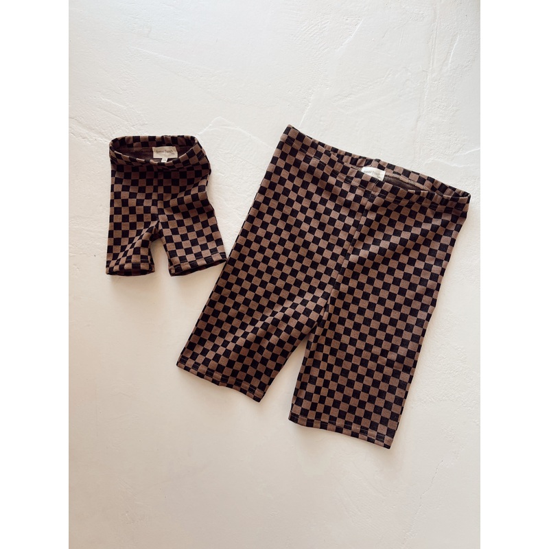 Family Ribbed Biker Shorts | Black & Brown Checkerboard