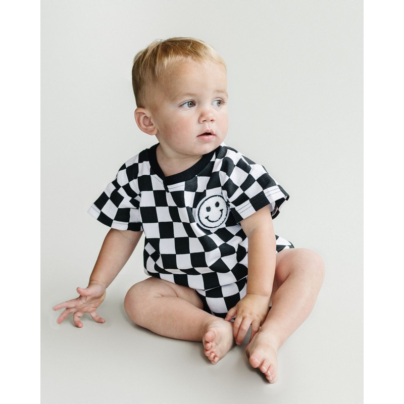 Short Sleeve Bubble Romper | Checkered Smiley Black