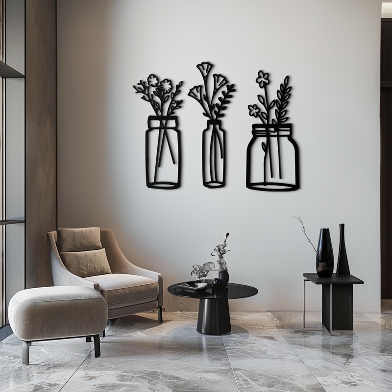 Floral Vase Metal Wall Art – 3-Piece Modern Steel Wall Decor – KAF118