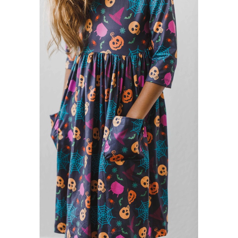 Skeleton Web 3/4 Sleeve Pocket Twirl Dress