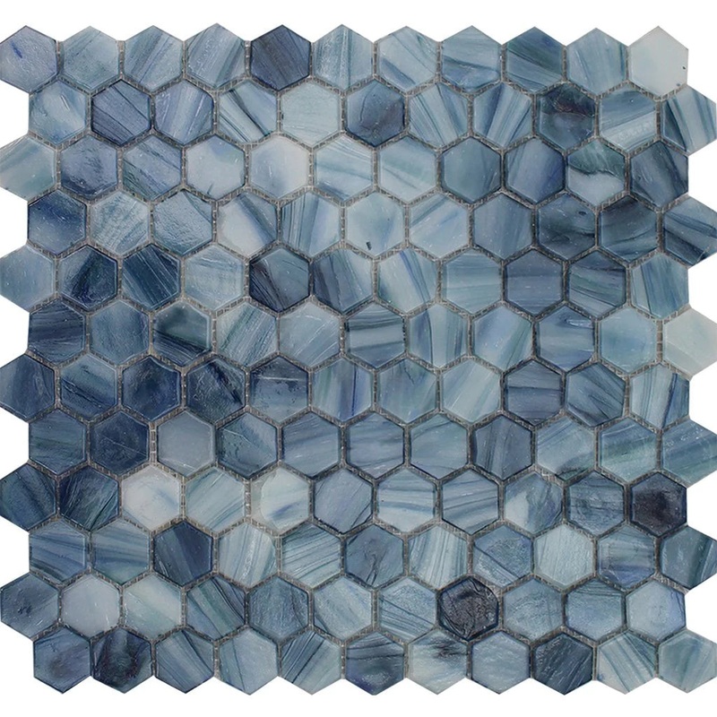 Tanzanite Blue Hex on 10.75×11.25 Mesh Glass Mosaic Tile Aurora Series – Aquatica Collection