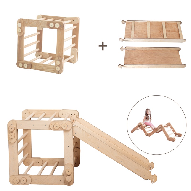 2in1 Montessori Climbing Set: Snake Ladder + Slide Board/Climbing Ramp  Beige