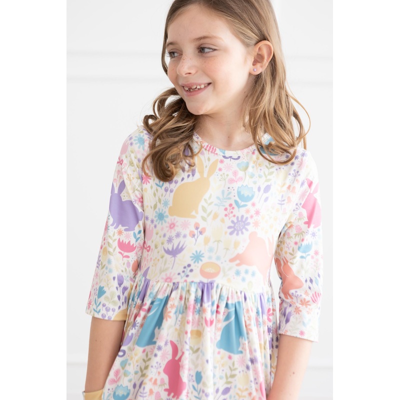 Pastel Floral Bunnies 3/4 Sleeve Pocket Twirl Dress