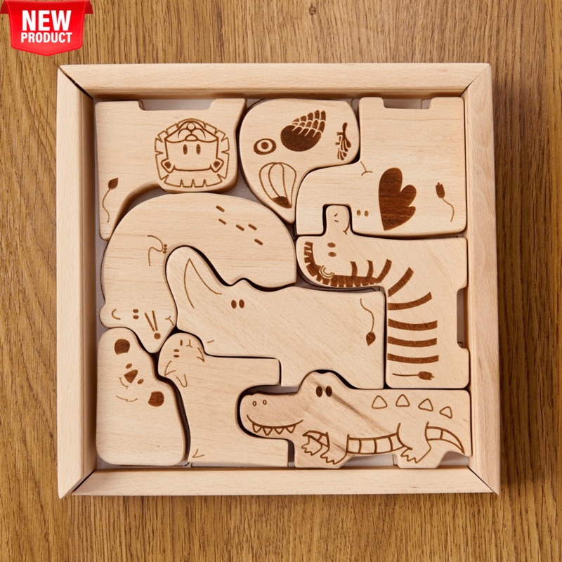 Wooden Safari Animal Puzzle Box for Toddlers