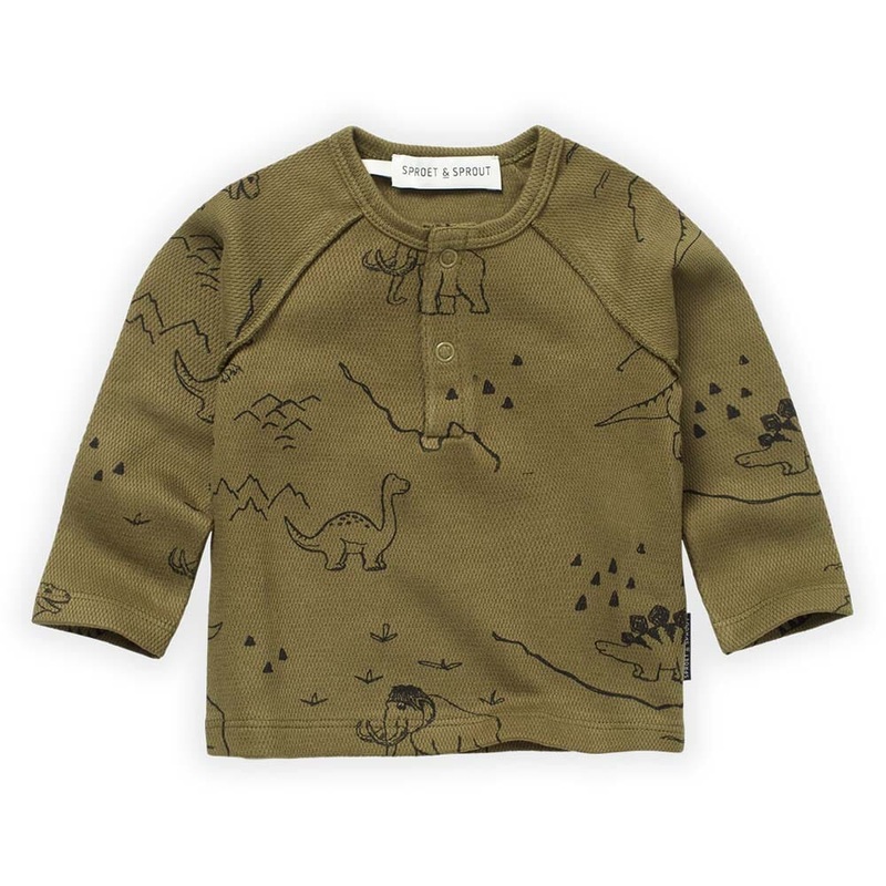 Dino Print Grandad Tee Shirt – Khaki