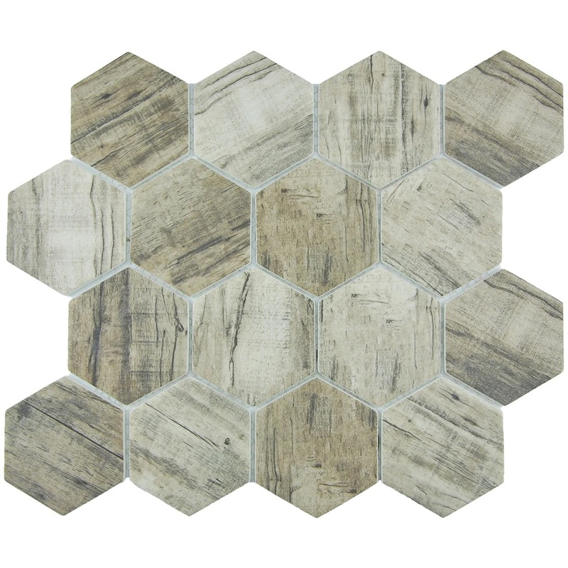 Linden 3 Hexagon on 11.75×10.25 Mesh Glass Mosaic Tile Bark Series – Aquatica Collection