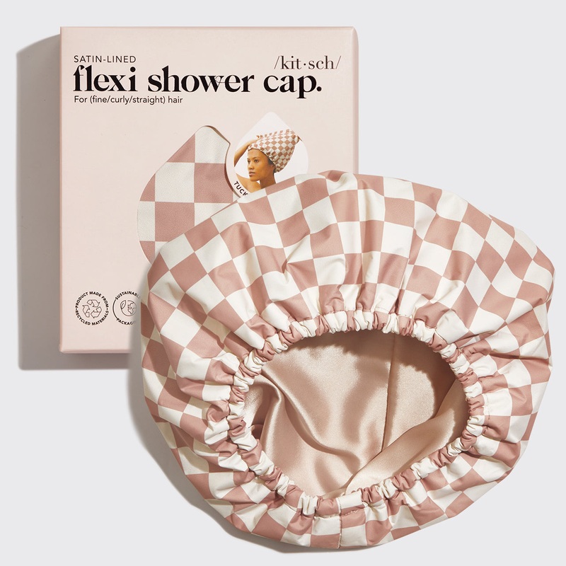 Satin Lined Flexi Shower Cap – Terracotta Checker