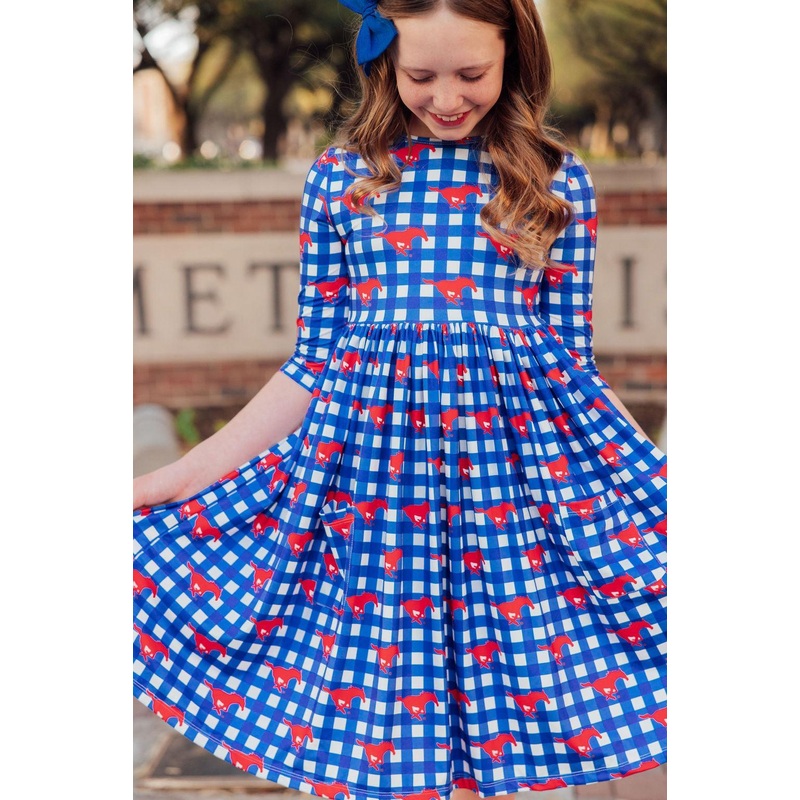 SMU Plaid Mustang 3/4 Sleeve Pocket Twirl Dress