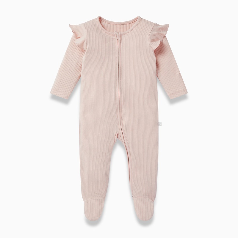 Ribbed One Way Zip-Up Sleepsuit – Blush Frill