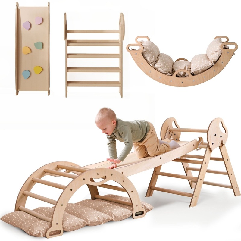 4in1 Montessori Climbing Set: Pikler Triangle, Arch, Slide Board, and Cushion for Toddlers (13 Years)