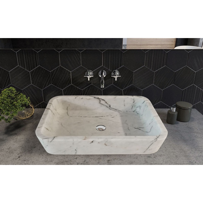Carrara White Marble Rectangular Wall-mount Bathroom Sink (W)16 (L)24 (H)5