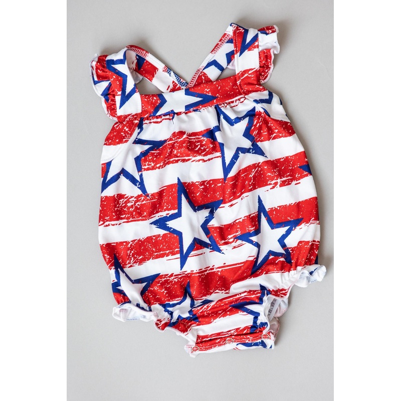 Stars & Stripes Ruffle Cross Back Romper