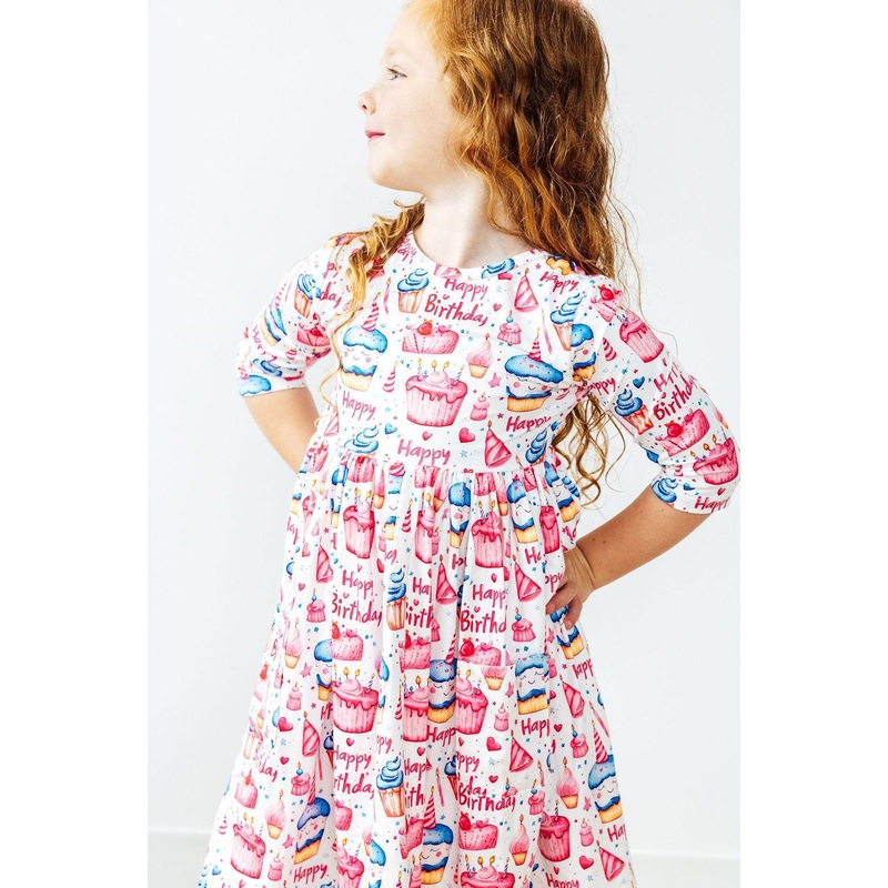 Birthday Girl 3/4 Sleeve Pocket Twirl Dress