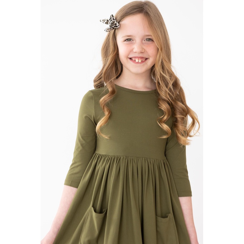 Olive 3/4 Sleeve Pocket Twirl Dress