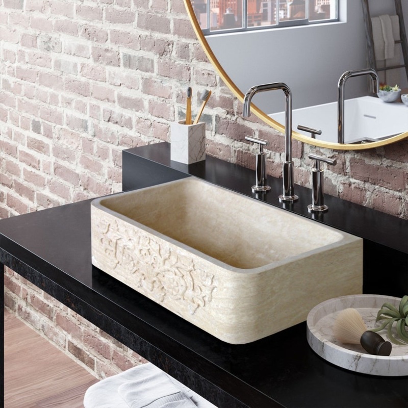 Troia Light Travertine Farmhouse Hand-carved Vine Design Apron Kitchen Sink (W)18 (L)30 (H)10