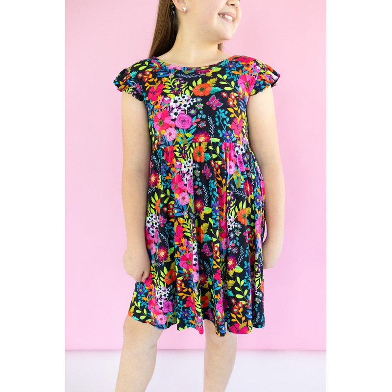 Floral Tapestry Ruffle Cap Sleeve Skater Dress