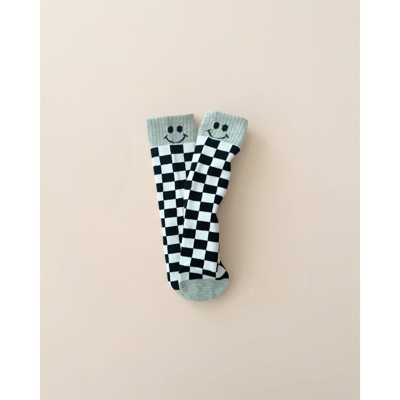 Checkered Smiley Socks | Gray|One Size