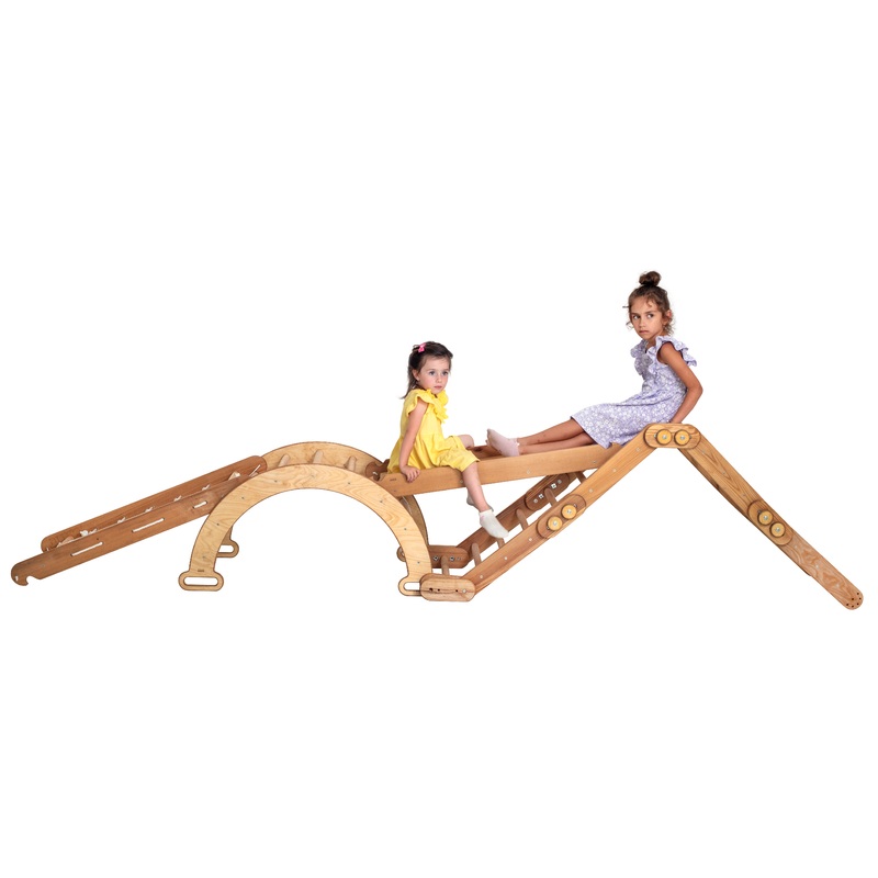 4in1 Montessori Climbing Frame Set: Snake Ladder + Arch/Rocker + Slide/Ramp + Net  Beige