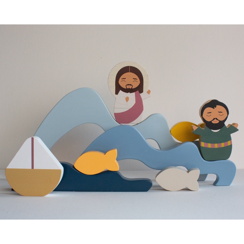 Jesus & St. Peter Walk on Water Wooden Wave Stacker Toy