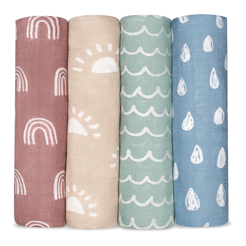 Muslin Swaddle Blankets, 4 Pack by Comfy Cubs – Sun, Rainbow, Rain & Doodle
