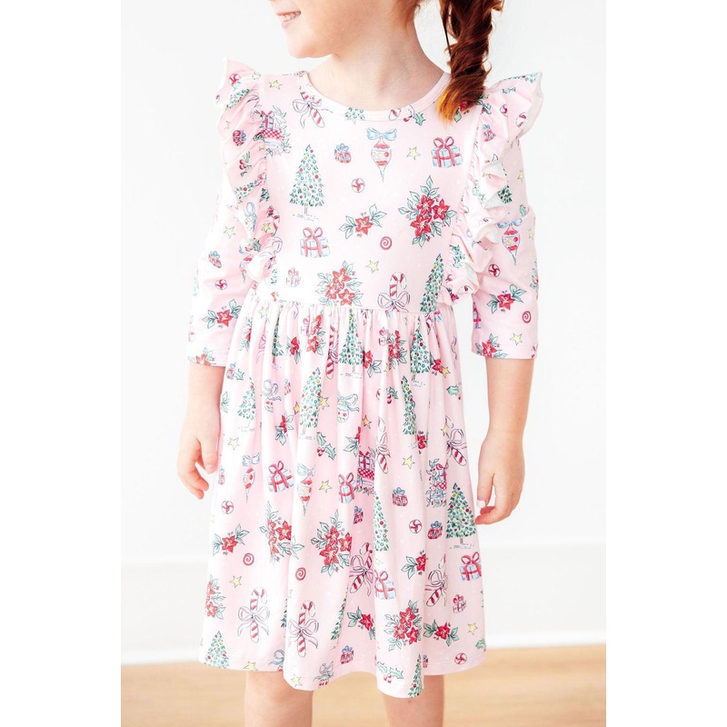 Pink Christmas 3/4 Sleeve Ruffle Twirl Dress