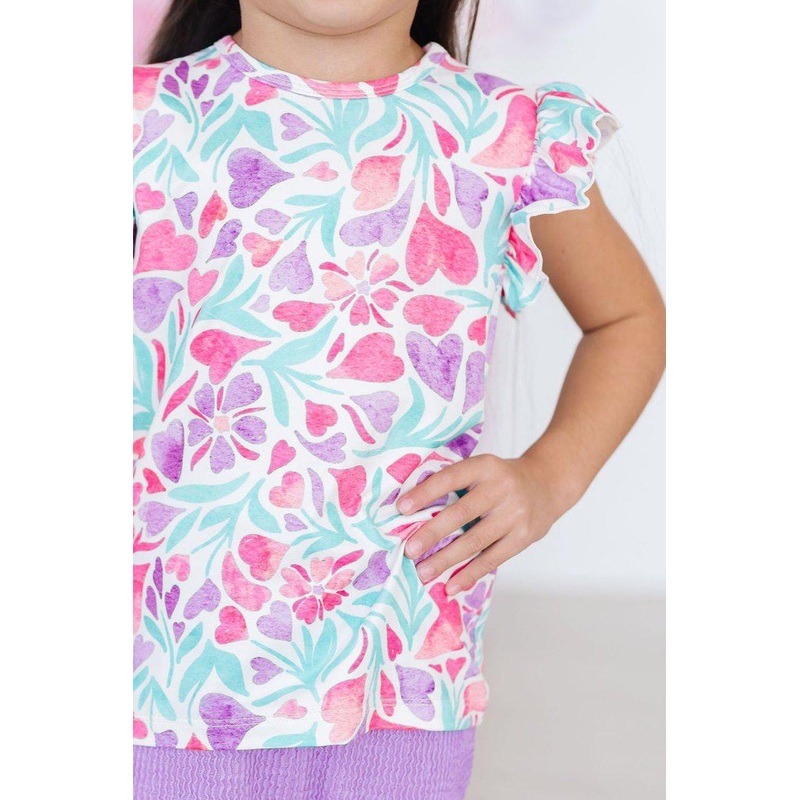 Watercolor Hearts S/S Ruffle Tee