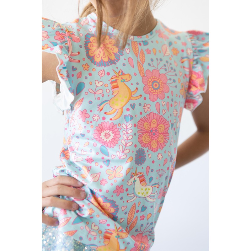Blue Retro Unicorns S/S Ruffle Tee