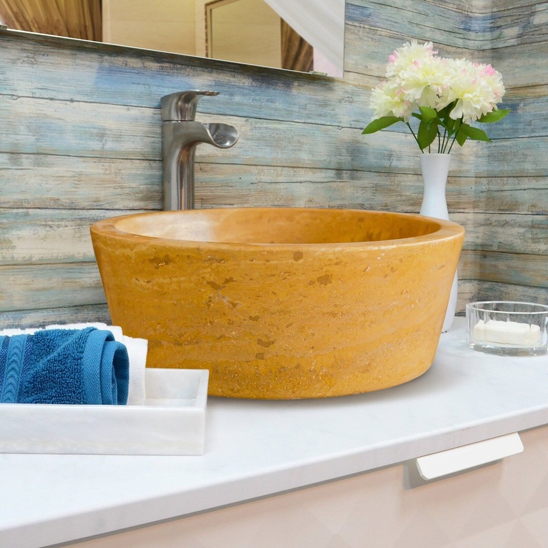 Oasis Gold Travertine Natural Stone Above Vanity Tapered Bathroom Sink Honed (D)16 (H)6