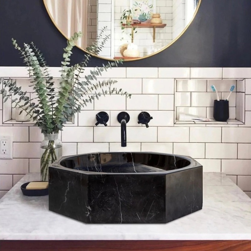 Toros Black Marble Octagonal Above-vanity Bathroom Sink Polished (D)16 (H)5