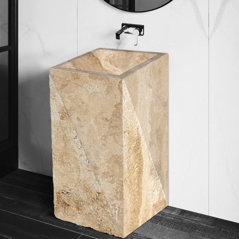 Walnut Travertine Pedestal Stand-alone Rectangular Prism Sink Honed (W)14 (L)21.5 (H)33.5