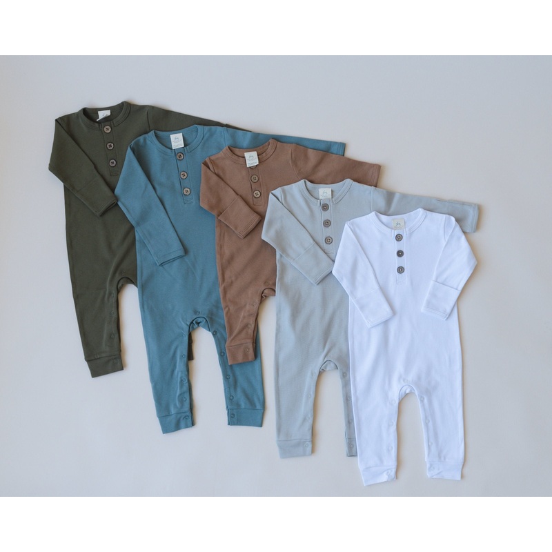 Organic Cotton Henley Romper|Olive Green|Teal Blue|Brown|Light Gray|White|0-3 months|3-6 months|6-12 months|12-18 months|18-24 month