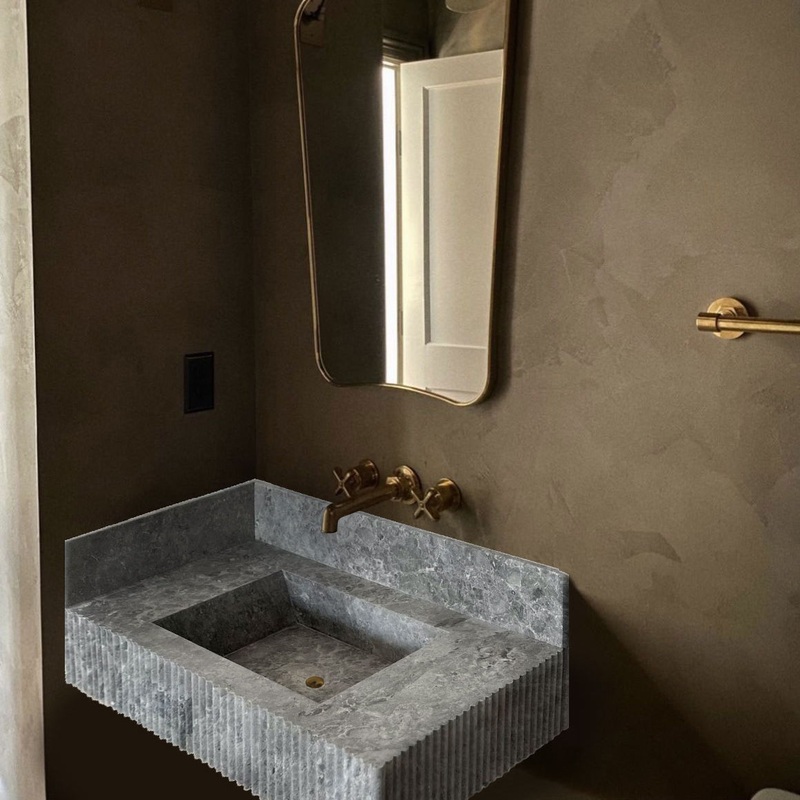 Tundra Gray Marble Rectangular Wall-mount Bathroom Sink with 6 Backsplash (W)16 (L)32 (H)10