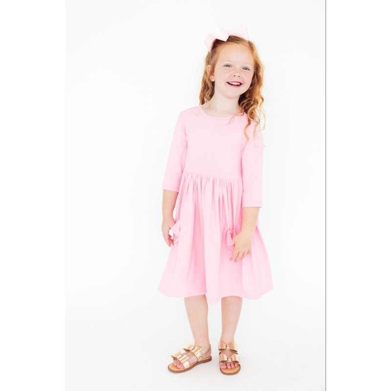 Bubblegum Pink 3/4 Sleeve Pocket Twirl Dress