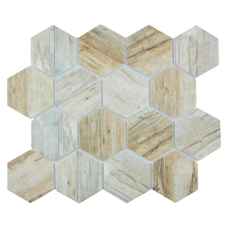 Cinnamon 3 Hexagon on 11.75×10.25 Mesh Glass Mosaic Tile Bark Series – Aquatica Collection