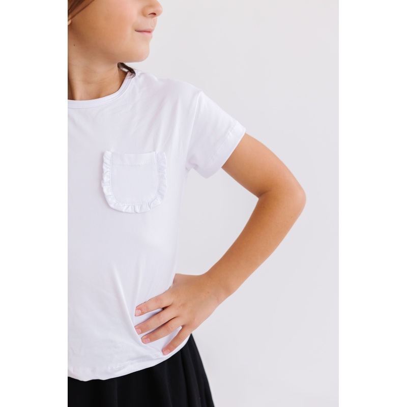 White Ruffle Pocket Tee|6-12M|12-24M|2T|3T|4T|5/6|7/8|9/10