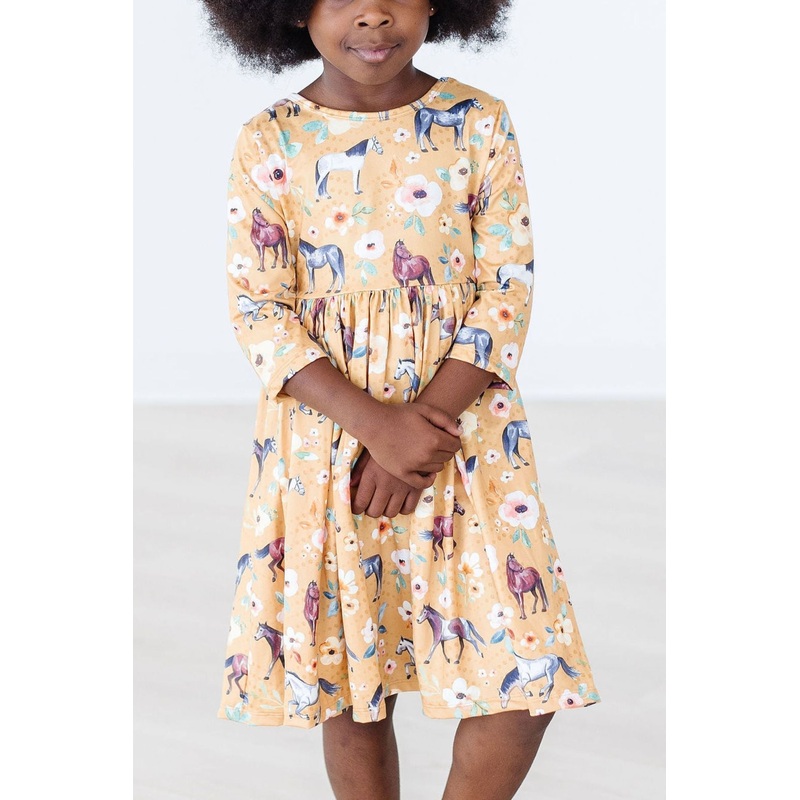 Ponies & Poppies 3/4 Sleeve Pocket Twirl Dress