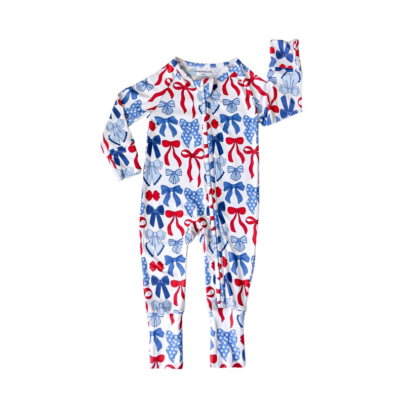 Bamboo Zip Romper  | Red-White & Bows
