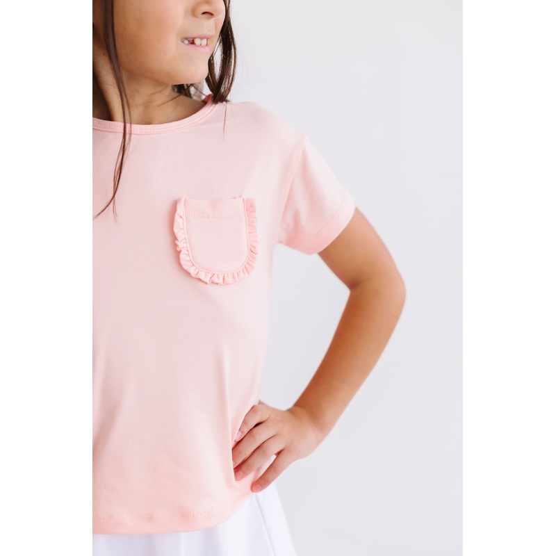 Peach Ruffle Pocket Tee|6-12M|12-24M|2T|3T|4T|5/6|7/8|9/10