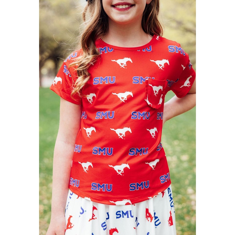 SMU Red Mustang Ruffle Pocket Tee
