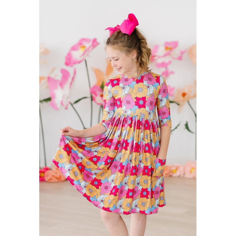 Wonderland Floral 3/4 Sleeve Pocket Twirl Dress