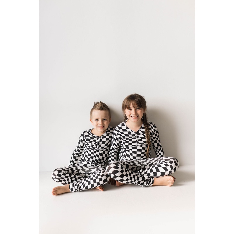 Bamboo Two Piece Pajamas | Black & White Wavy Checkerboard