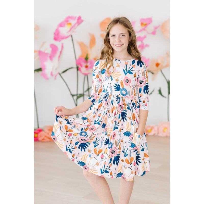Blush Peony 3/4 Sleeve Pocket Twirl Dress