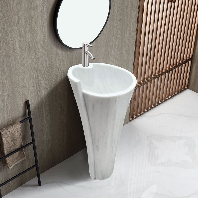 Carrara White Marble Stand-alone Designer Pedestal Bathroom Sink (W)16.5 (L)16.5 (H)36