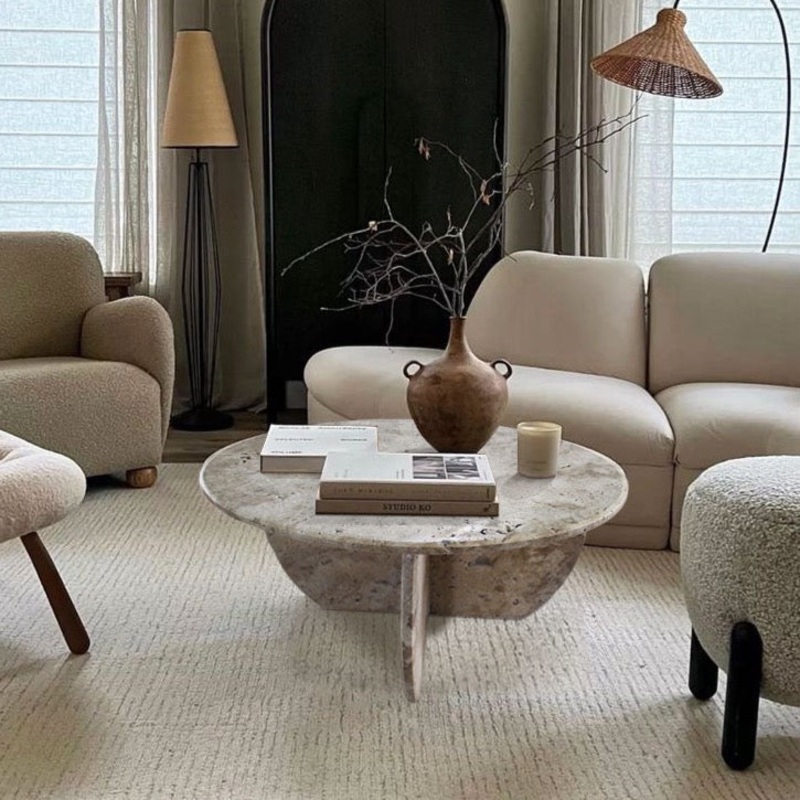 Troia Light Travertine Unfilled Round Polished Coffee Table (D)27.5 (H)16