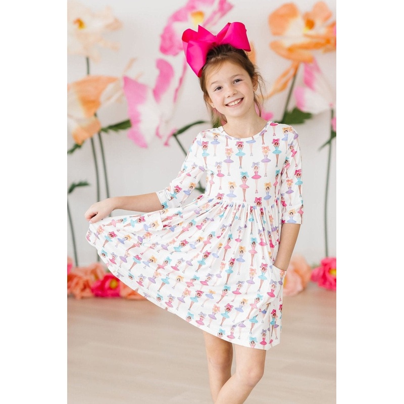 Ballerina Bows 3/4 Sleeve Pocket Twirl Dress