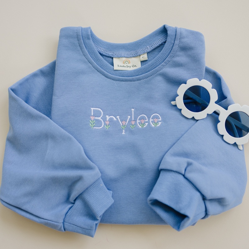 Custom Embroidered Crewneck Sweatshirt or Romper – Light Blue